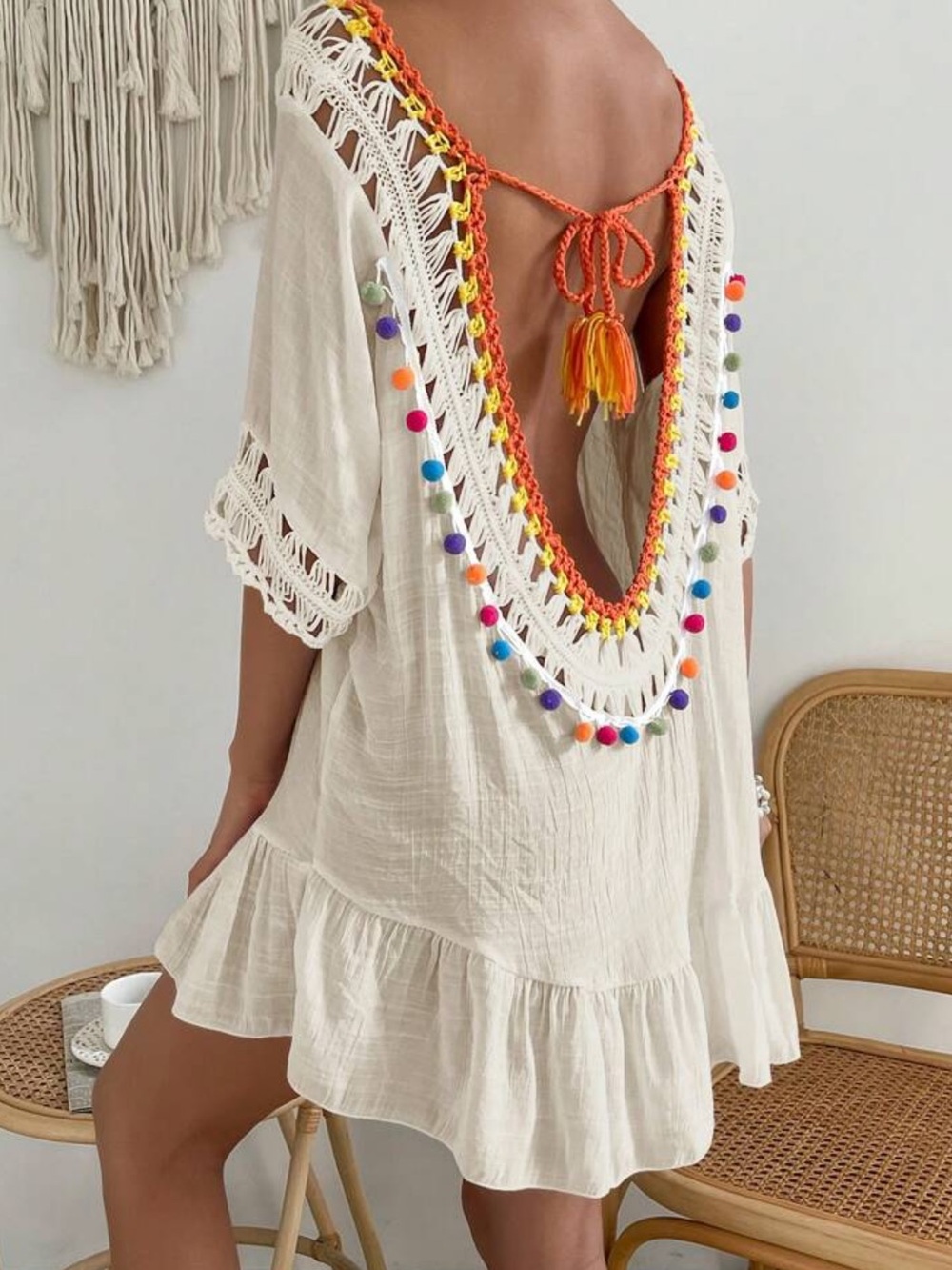 Cream Crochet Backless Cover-Up with Multicolor Pom Poms